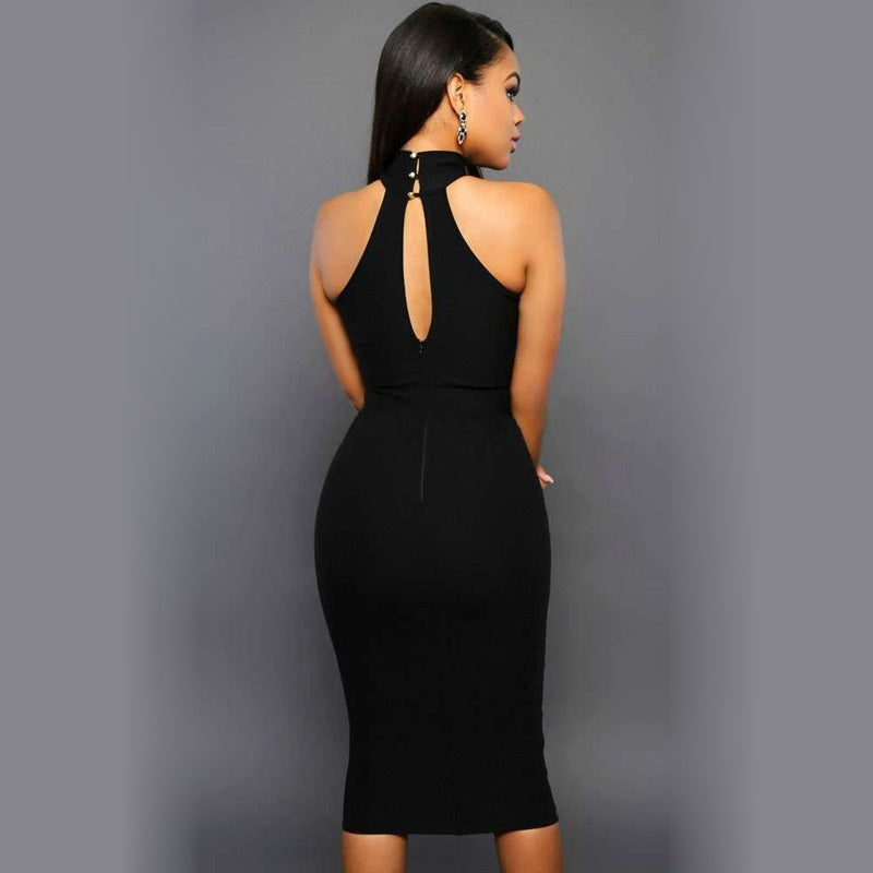 Robe sexy de soirée moulante à col montant avec décolleté transparent pour femme