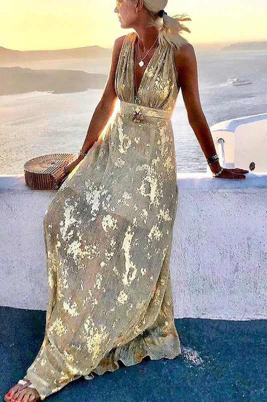 Solène | Robe longue à col en V avec paillettes dorées