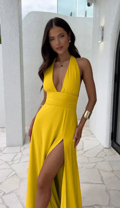 Noémie | Robe à col en V de couleur unie